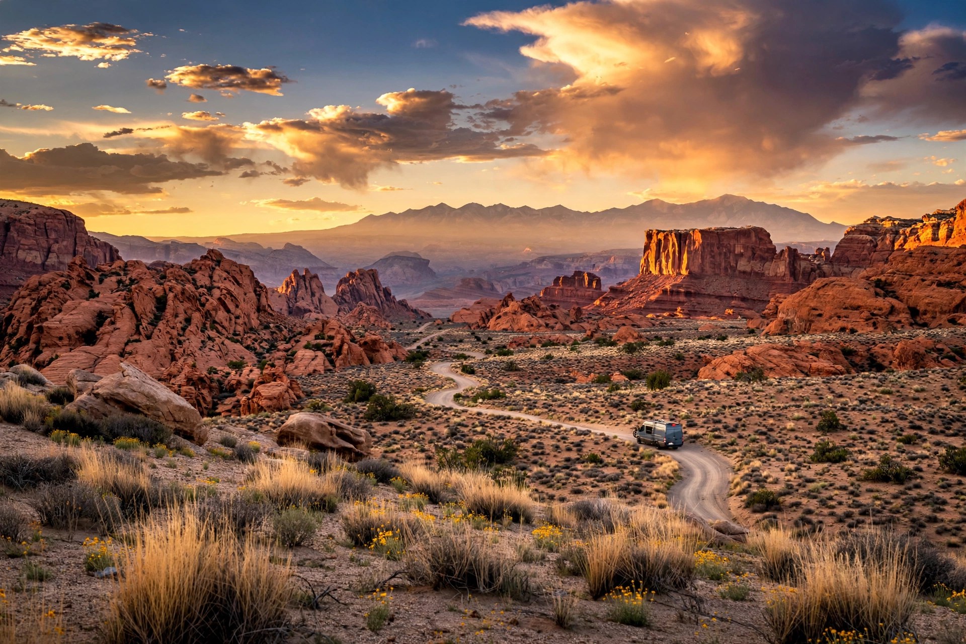 Morrison, our Sprinter van, small on a desert dirt road beneath red rock formations at sunset